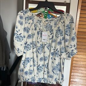 Lucky Brand White and Blue Floral Blouse
